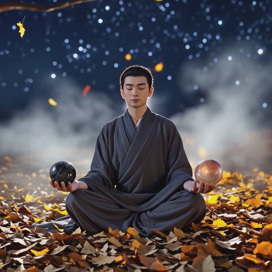 Black moonstone video in the hand of a meditator