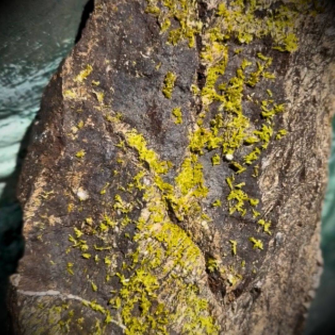 Close-up macro view of vivid yellow-green pyromorphite crystals resting against a patinated bronze statue.