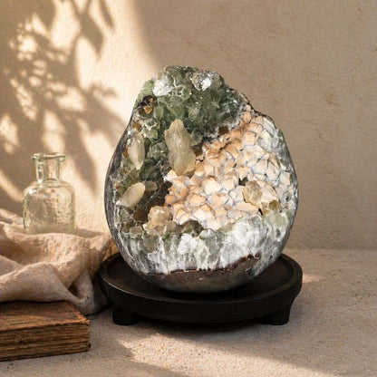 Quartz geode with green chlorite quartz and calcite crystals displayed on stand in warm apothecary-inspired setting