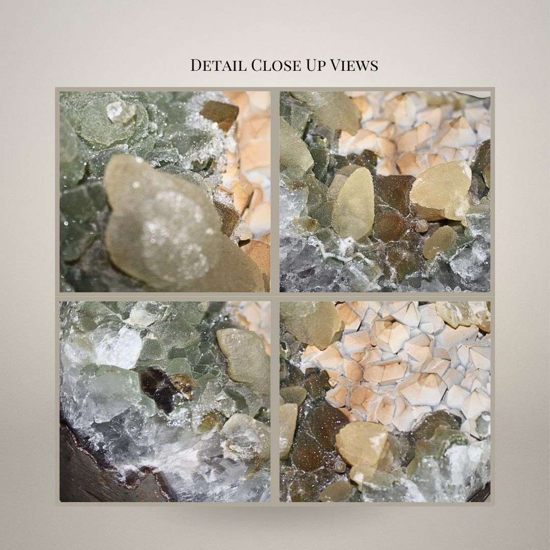 Close-up details of calcite crystal formations and chlorite-included quartz within Brazilian geode cavity