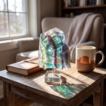 Mexico Rainbow Fluorite slab displayed upright showing translucent blue and purple waterfall-like banding
