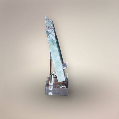 Side view of 12 mm thick Rainbow Fluorite slab with polished faces and raw natural edge