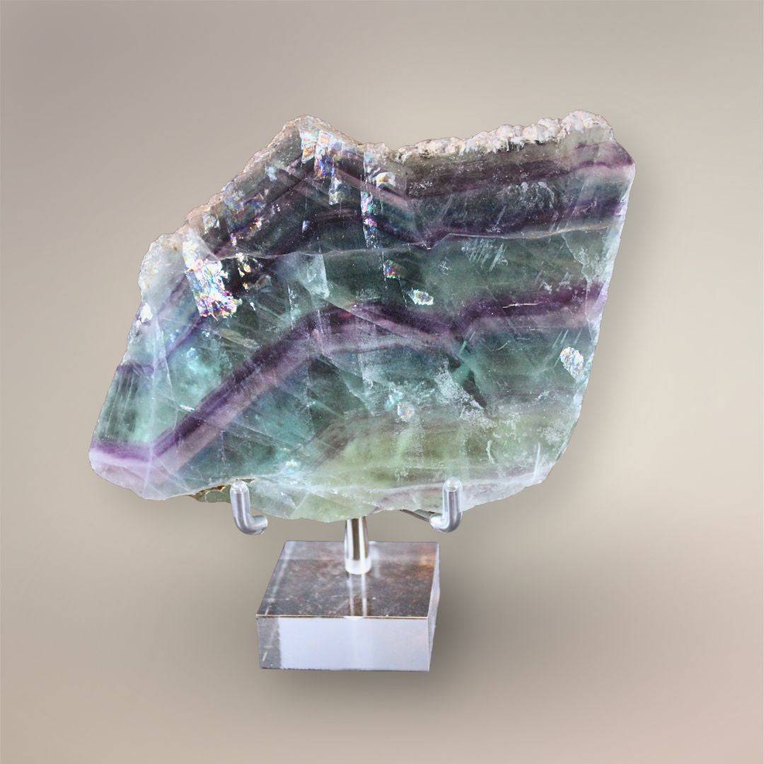 Rainbow Fluorite display slab from Mexico with defined banding and internal rainbow flashes, 299 g