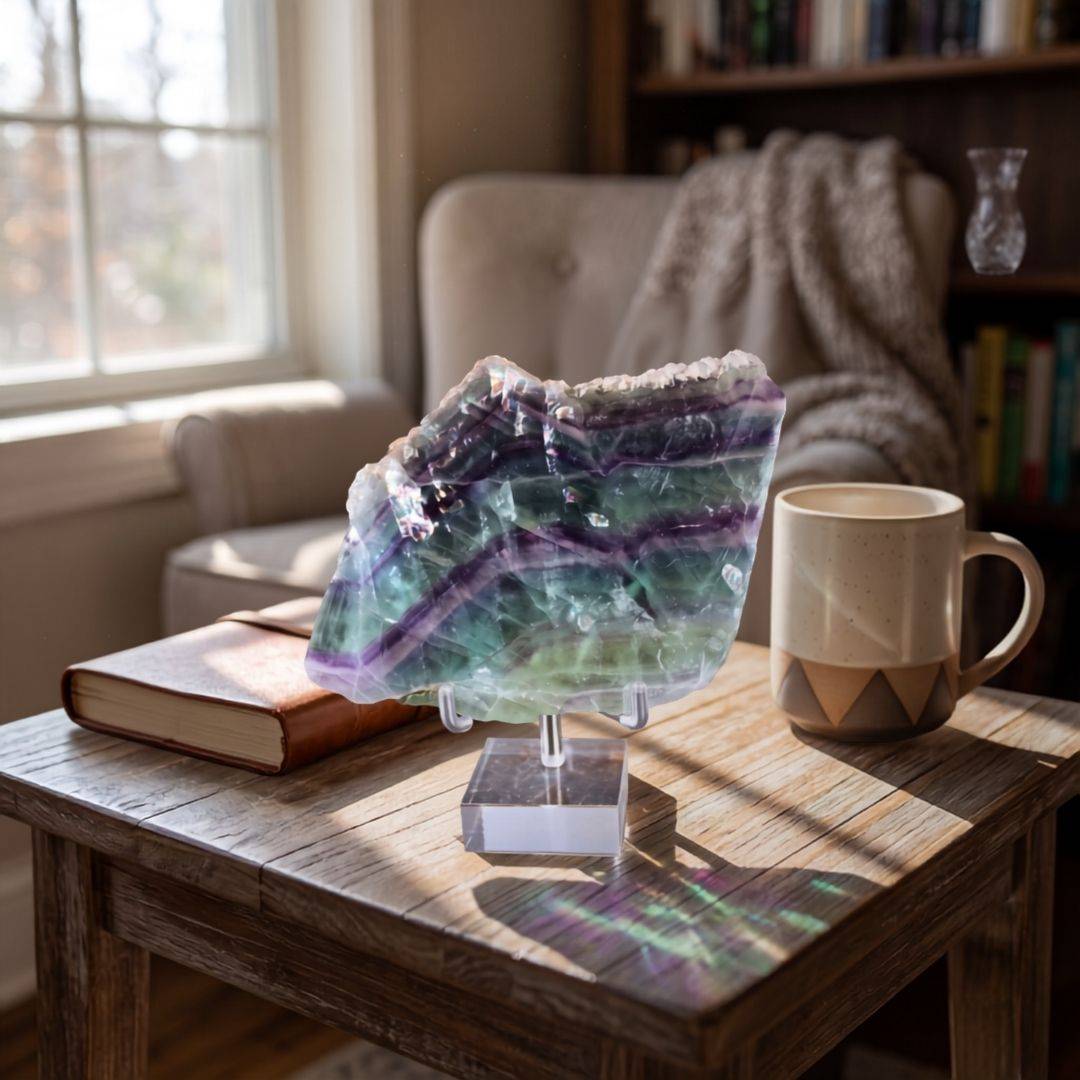 Mexico Rainbow Fluorite slab displayed upright showing polished face, raw edge, and translucent purple-green banding