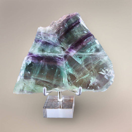 Rainbow Fluorite display slab from Mexico with V-shaped banding and internal feathering, 318 g