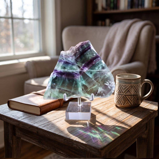 Mexico Rainbow Fluorite statement slab displayed upright showing translucent purple-green layers and inward V-shaped structure