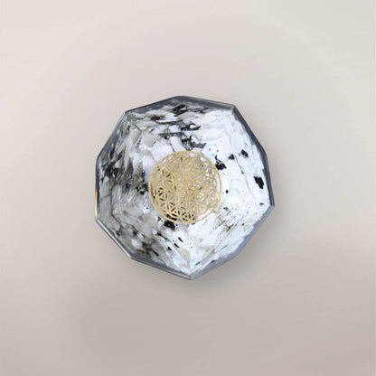Rainbow Moonstone orgonite dodecahedron with Indian Rainbow Moonstone chips, golden Flower of Life symbol, metallic flakes, and faceted resin shape