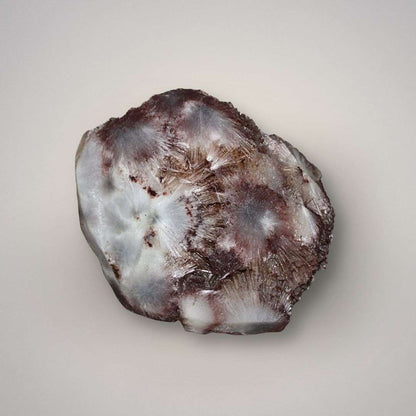 Back view of red scolecite mineral specimen showing white fibrous sprays, hematite-rich red coloration, and natural zeolite crystal growth