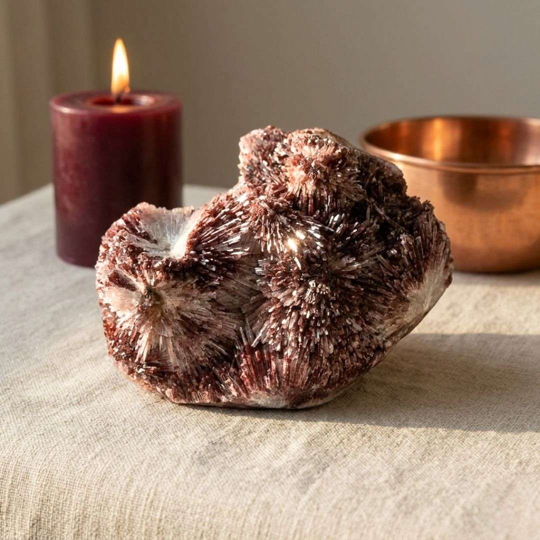 Red scolecite cabinet mineral displayed with candlelight and copper bowl in Mystic Parcel apothecary-style setting
