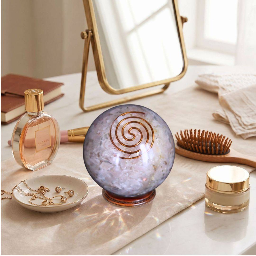 Rose Quartz orgonite sphere with copper spiral displayed on a vanity beside jewelry, perfume, skincare, mirror, and hairbrush
