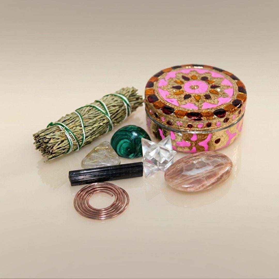 Safe Travels Ritual Box set with hand-painted mandala box, Mt. Shasta cedar, Black Tourmaline schorl barrel, Rutilated Quartz, Malachite, Clear Quartz Merkabah, Peach Moonstone palm stone, and hand-formed copper spiral