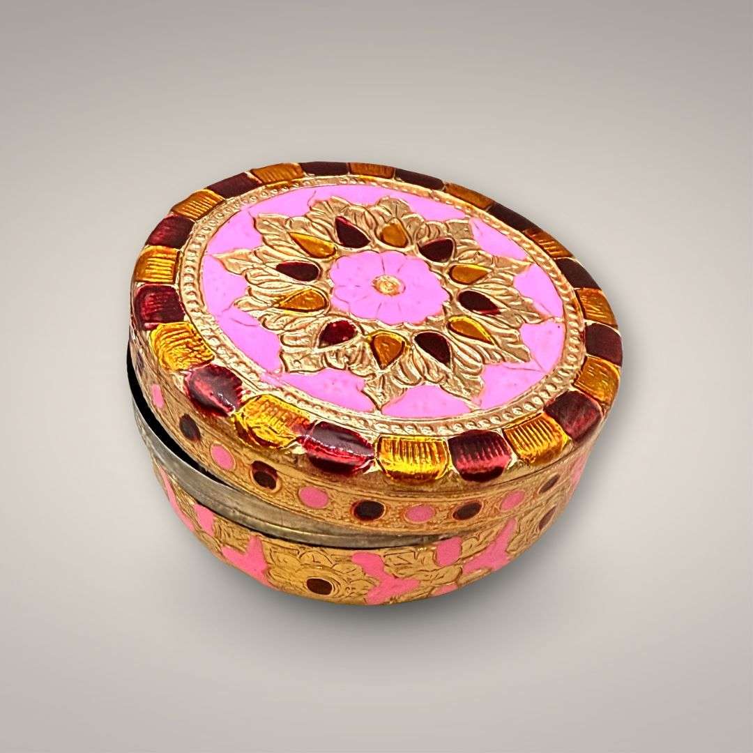 Hand-painted pink and gold mandala ritual box with copper and enamel detailing, closed