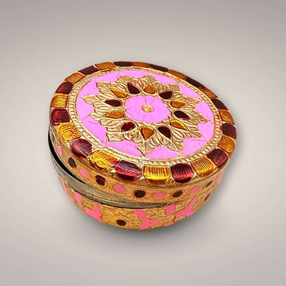 Hand-painted pink and gold mandala ritual box with copper and enamel detailing, closed