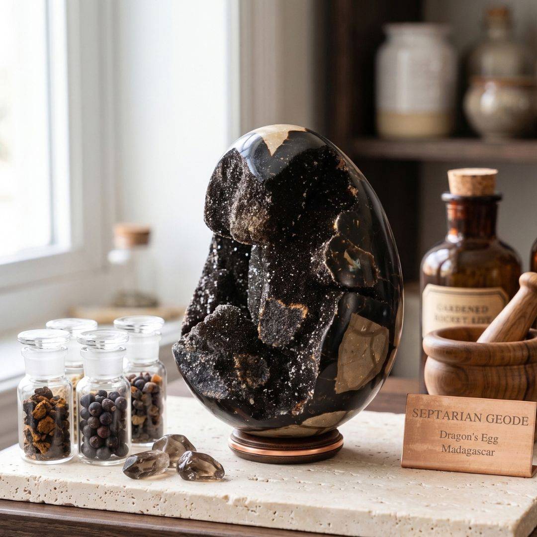 Madagascar Septarian Dragon Egg displayed on a stand in a natural-light cabinet setting with its open druzy cavity visible.