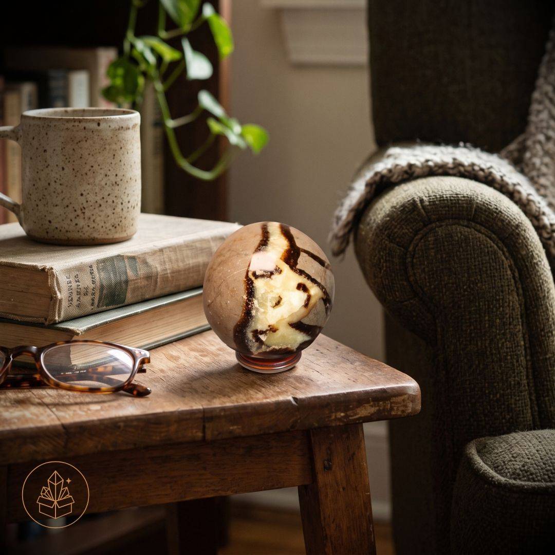Madagascar Septarian sphere displayed on a wooden table beside books, glasses, and a ceramic mug.