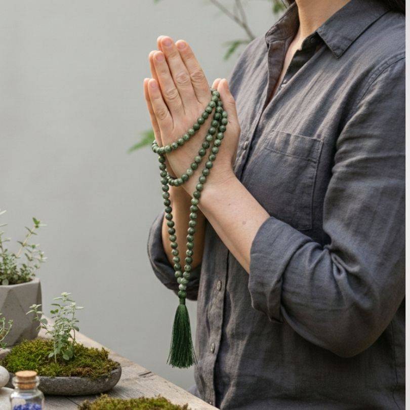 Person holding Serpentine Mala for grounding and renewal; 108 green-toned beads used in meditation and prayer rituals for calm and earth connection.