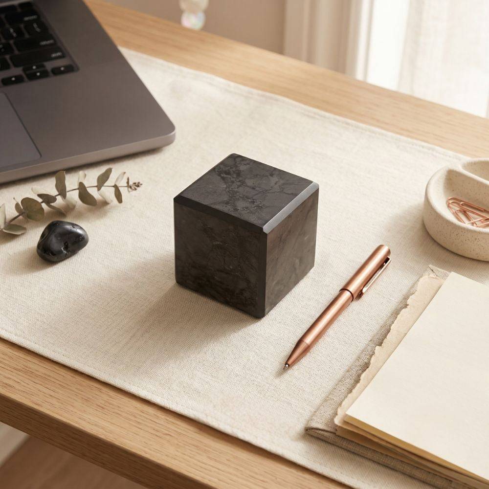 Shungite cube on a desk with notebook, copper pen, laptop, and grounding crystal for workspace energy support