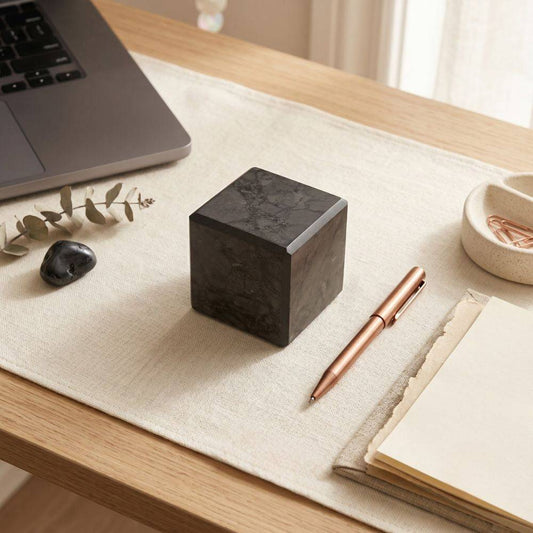 Shungite cube on a desk with notebook, copper pen, laptop, and grounding crystal for workspace energy support