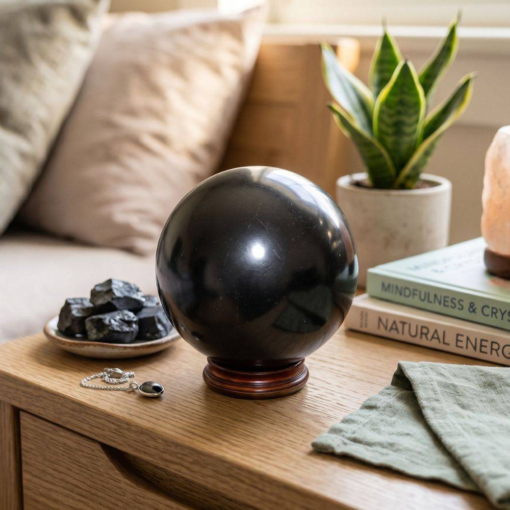 Shungite sphere on wooden table with grounding crystals, books, plant, and soft home meditation setting