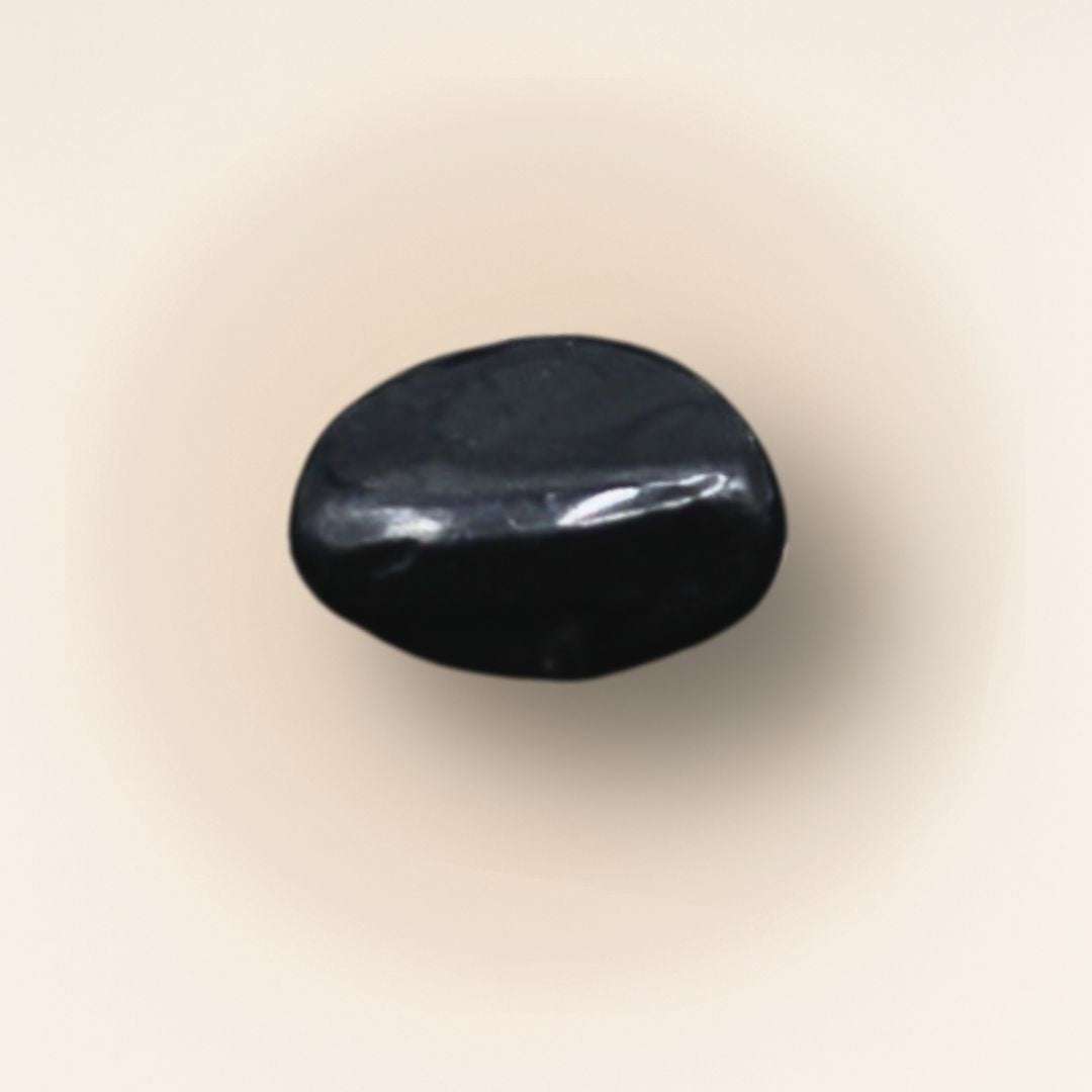Single polished black Shungite tumbled stone from Russia shown on a soft cream background.