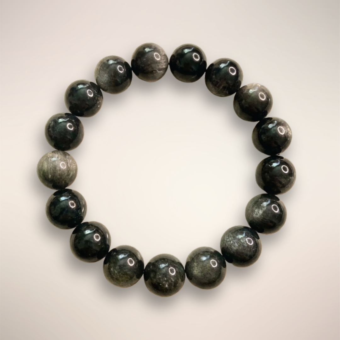Silver Obsidian Beaded Bracelet - Protection & Clarity | 12mm round beads