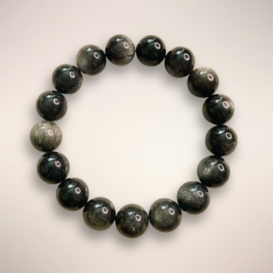 Silver Obsidian Beaded Bracelet - Protection & Clarity | 12mm round beads