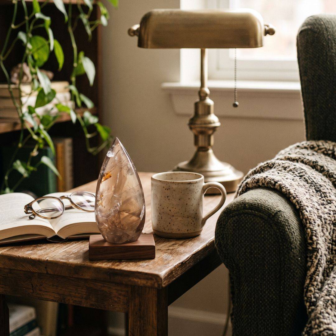 Madagascar Smoky Quartz flame displayed on a wooden base beside a ceramic mug, open book, and brass lamp in a reading nook.