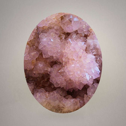 Macro view of large Amethyst Spirit Quartz showing lavender points covered in fine druzy cactus quartz crystals.
