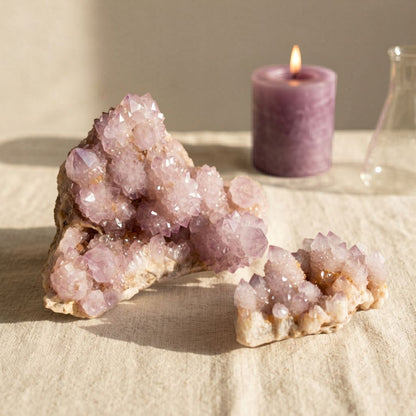 Amethyst Spirit Quartz clusters from Boekenhouthoek, South Africa shown together with candlelight for size comparison.
