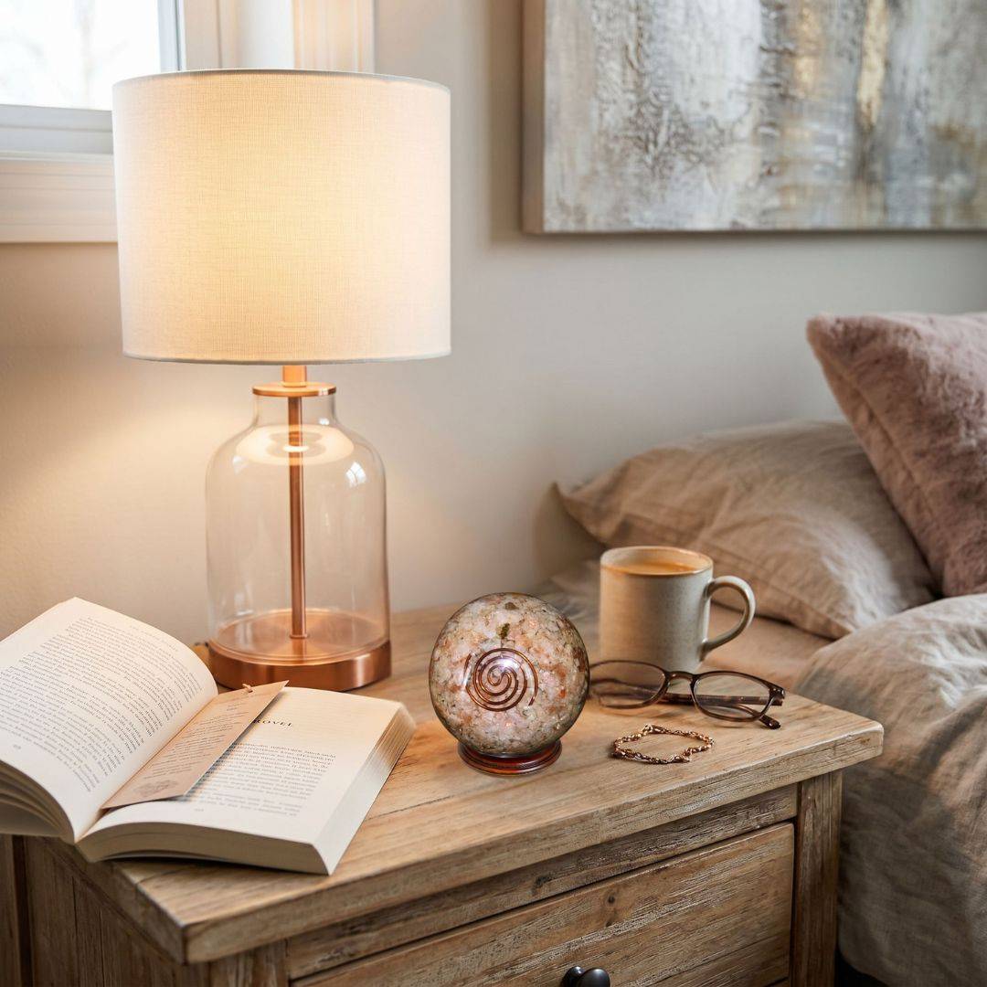 Sunstone orgonite sphere with copper spiral displayed on a bedside table with books, lamp, mug, and warm home décor