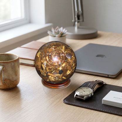 Tiger’s Eye orgonite sphere with copper spiral displayed on a desk beside a mug, notebook, watch, and laptop