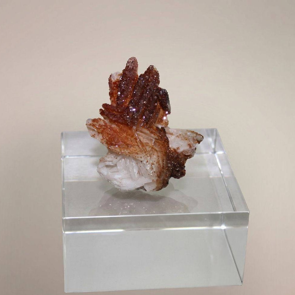 Vanadinite over Barite specimen from Morocco on clear acrylic display stand