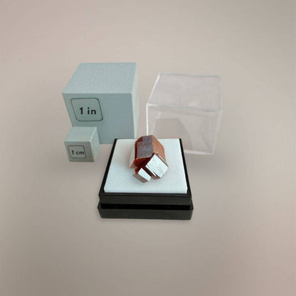 Vanadinite thumbnail specimen shown with scale cubes to demonstrate collector thumbnail size
