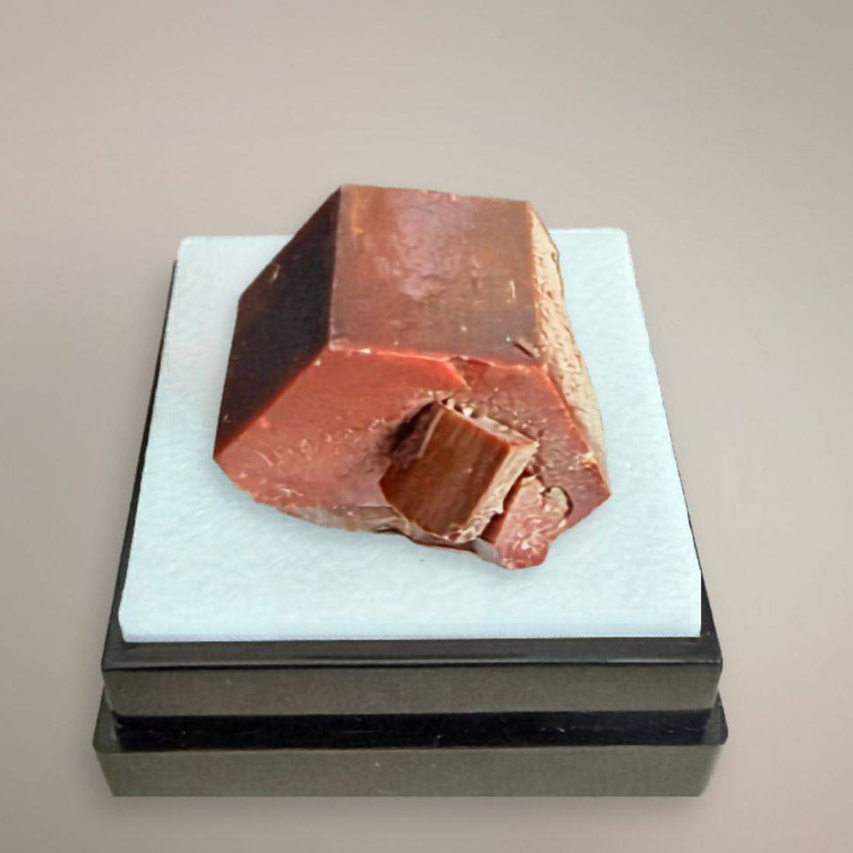 Moroccan Vanadinite thumbnail specimen with red-orange hexagonal crystal and visible growth zoning