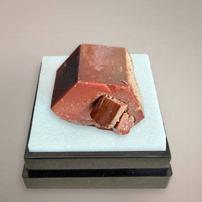 Moroccan Vanadinite thumbnail specimen with red-orange hexagonal crystal and visible growth zoning