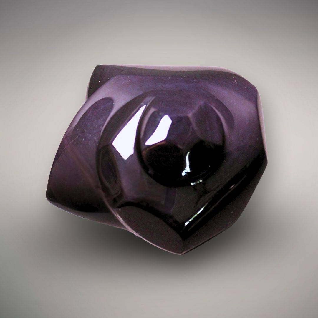 Front view of the exact Velvet Rainbow Obsidian freeform showing its sculptural polished form and visible purple flash.