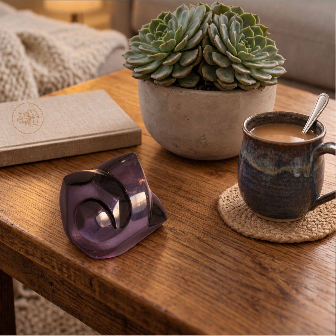 Velvet Rainbow Obsidian freeform displayed on a wooden table beside a ceramic mug and succulent, showing its polished sculptural form and soft purple coloration in direct indoor light.
