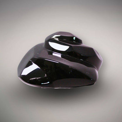 Side view of the hand-shaped Velvet Rainbow Obsidian freeform showing its layered sculptural profile and high-gloss polish.
