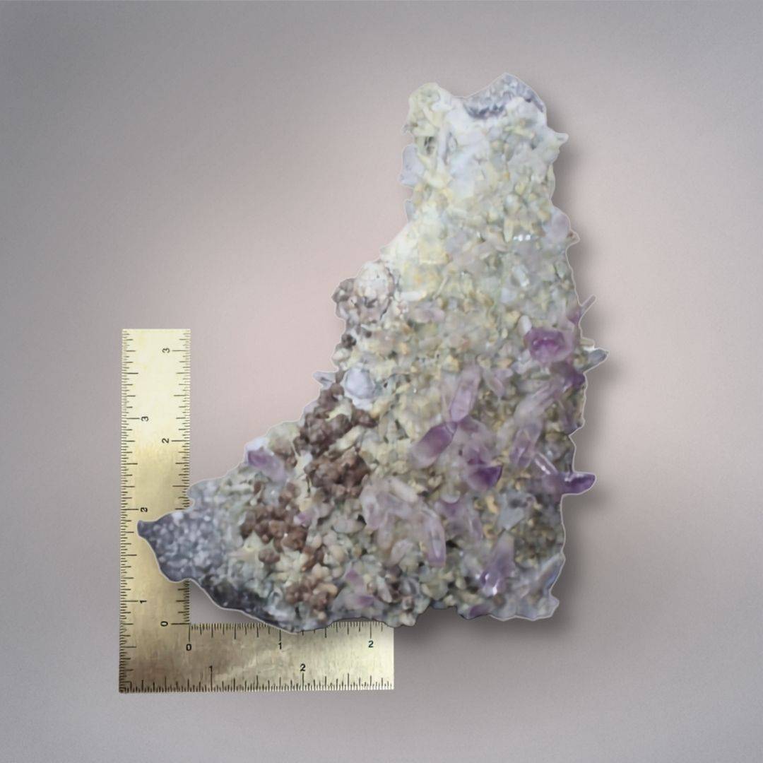 Scale view of Mexico Veracruz Amethyst cluster beside rulers showing the approximately 5.91-inch cabinet-size specimen.