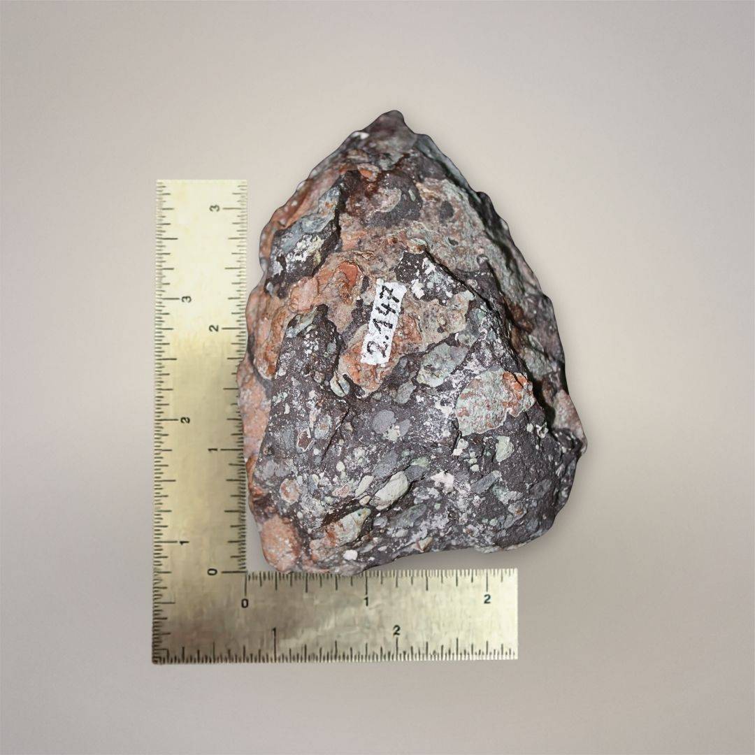 Waldhambach Germany agate specimen shown with ruler for scale, 100mm tall and 239g.