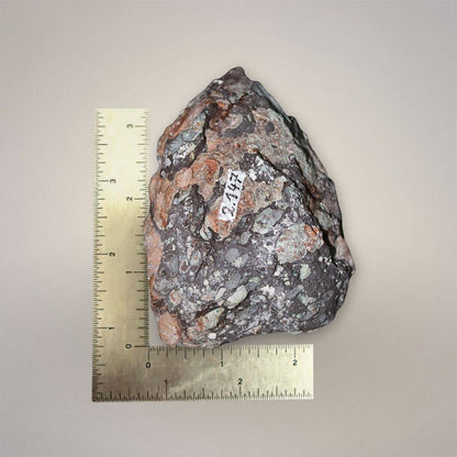 Waldhambach Germany agate specimen shown with ruler for scale, 100mm tall and 239g.