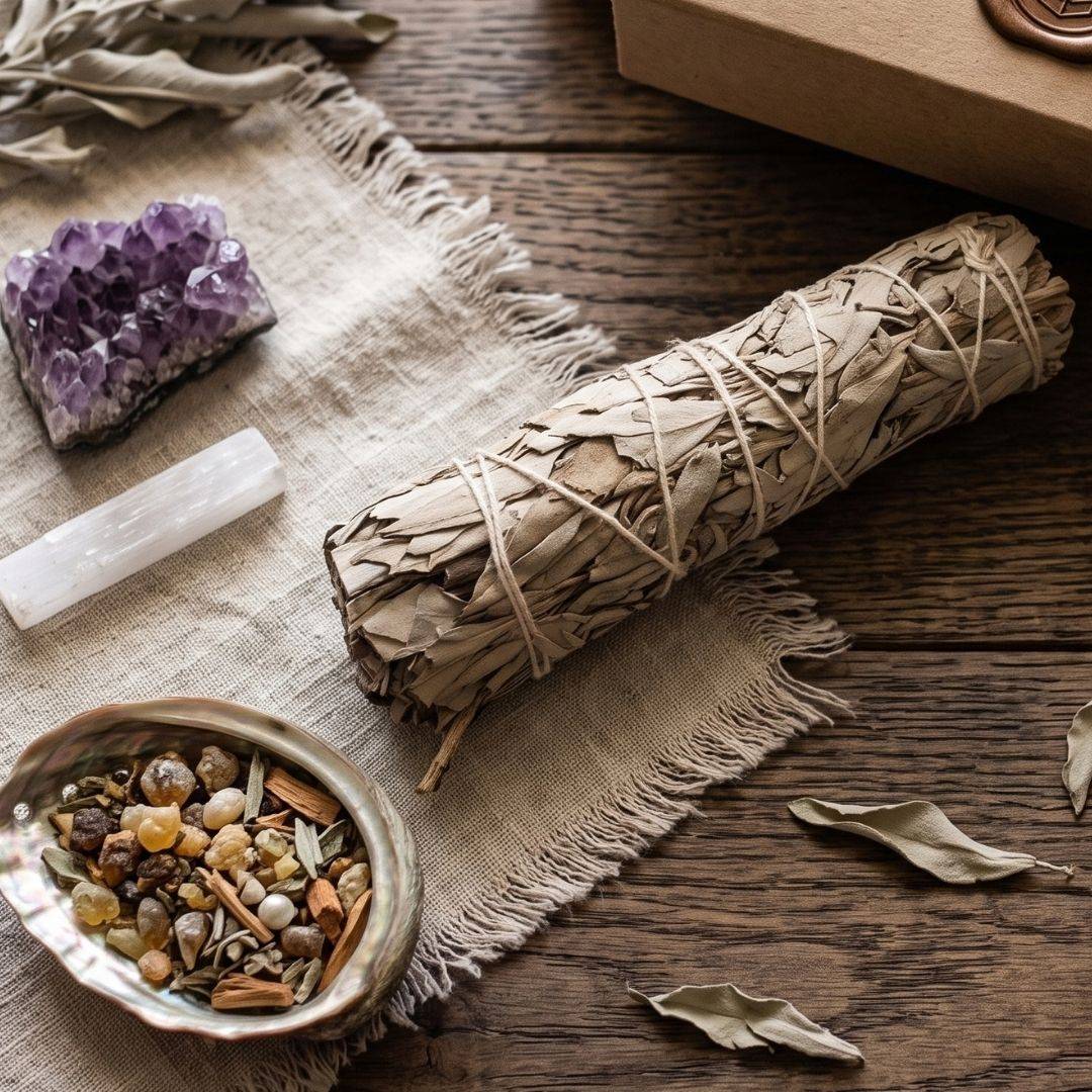 White sage bundle arranged on a ritual table with crystals and incense materials as a smoke-cleansing tool.