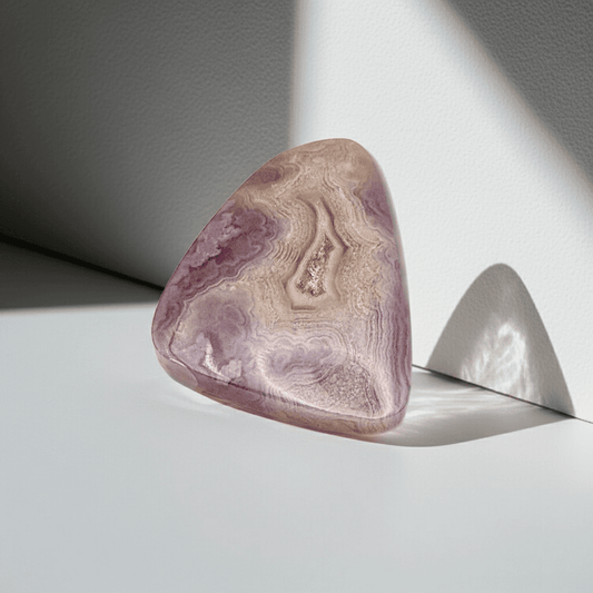 Purple Aztec Lace Agate Cabochon - 32.5 Cts from Mystic Parcel with intricate banding and soft lavender hues, ideal for jewelry or meditation use.