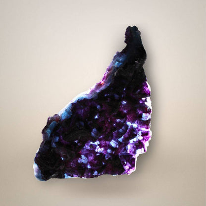 Backlit Chinese fluorite specimen revealing translucent violet and blue zones beneath a dark, angular arrangement of overlapping cubic crystals.