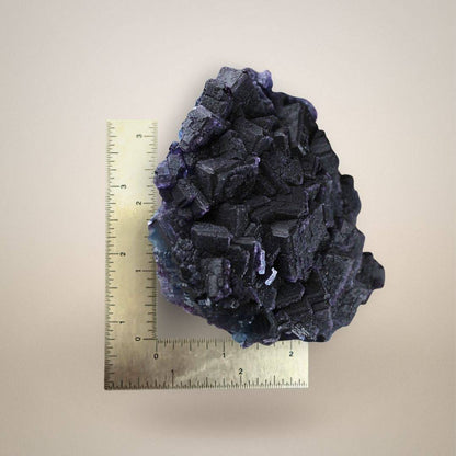 Purple cubic fluorite cluster from China shown alongside an inch ruler to illustrate its approximately 4.72-inch maximum dimension.