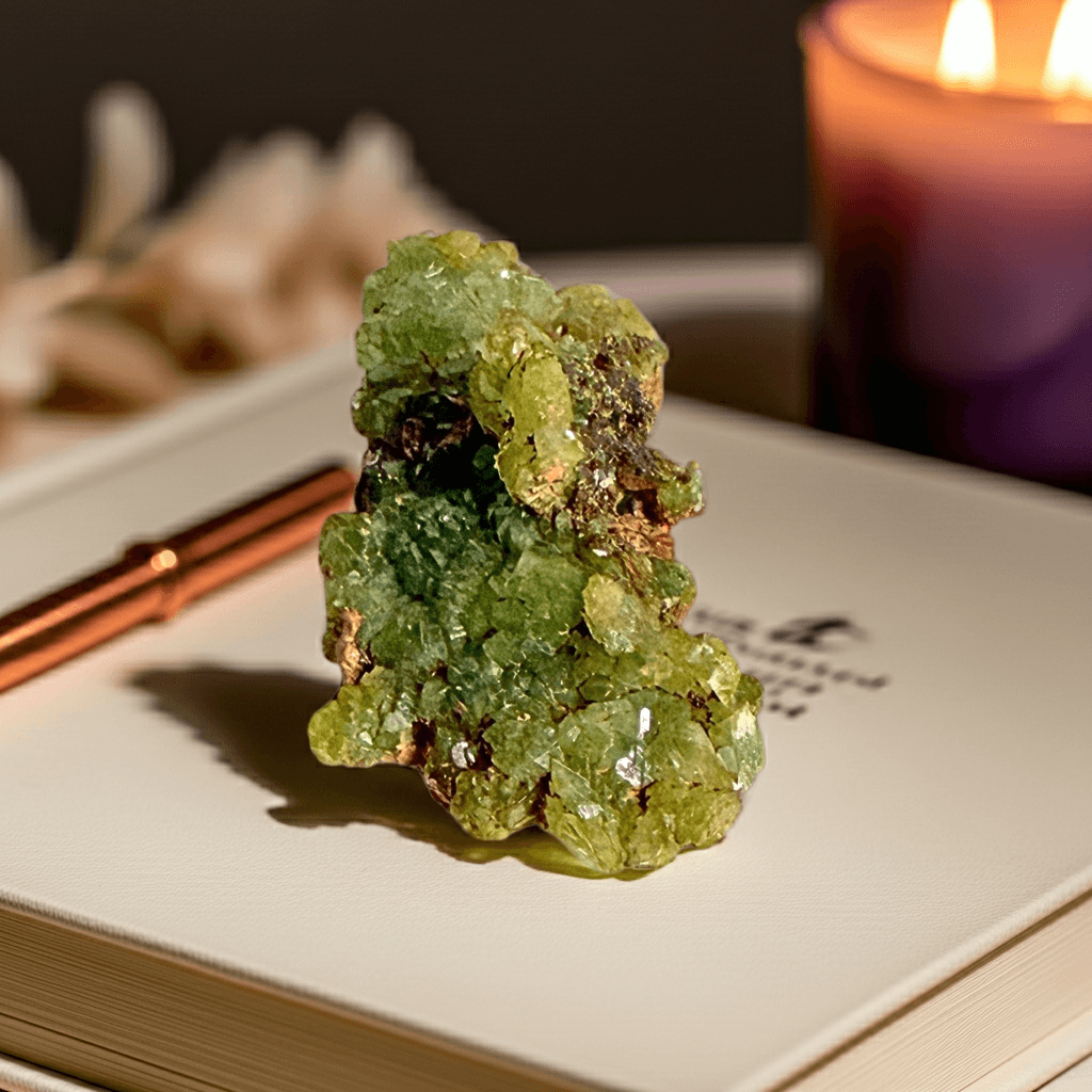 Cuprian Adamite Crystal Specimen from Ojuela Mine Mexico | 16g displayed on book with candlelight, collectible mineral for decor and energy work.