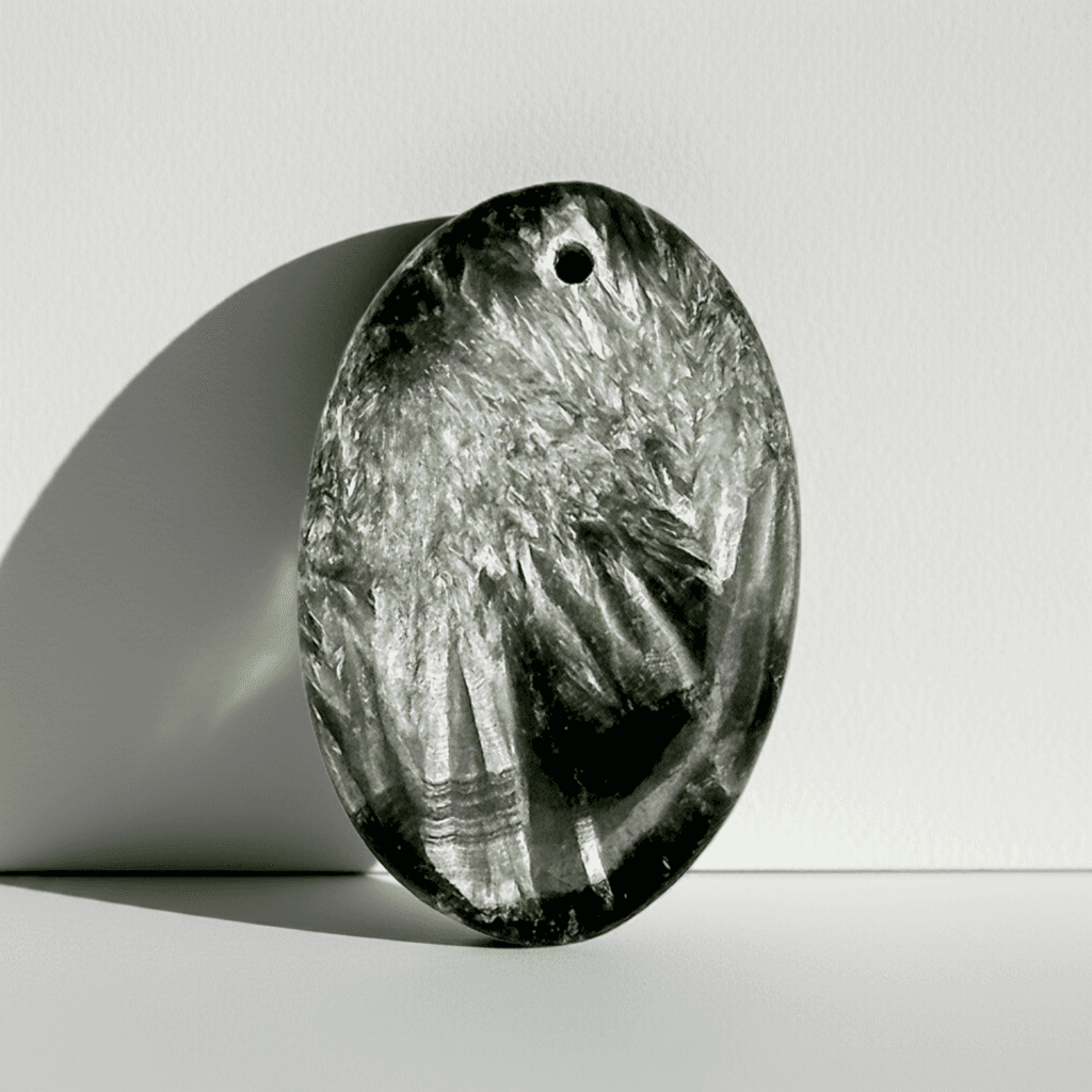 Mystic Parcel view of Seraphinite 25ct oval cabochon with silver feather inclusions